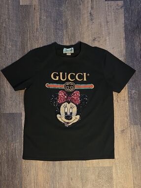 Gucci Disney X Black T Shirt Sequin Red Bow Minnie Mouse Italy GG Interlocking